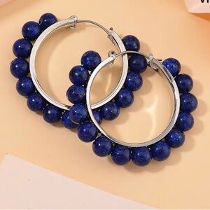 Lapis Lazuli 35 ctw Hoop Earrings in Silvertone